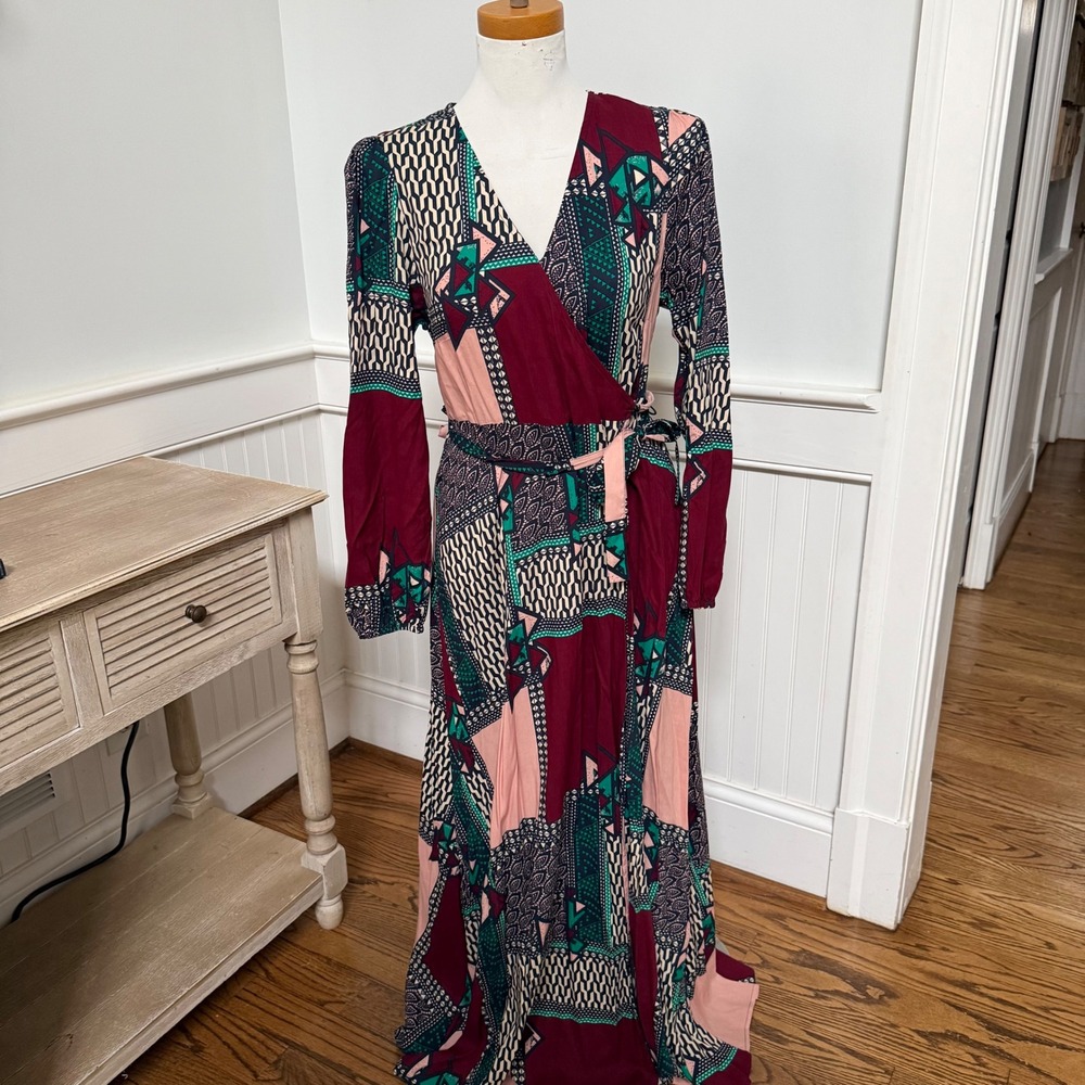 Anthropologie Porridge Clothing Geometric Patchwork Maxi Wrap Dress Size S‎